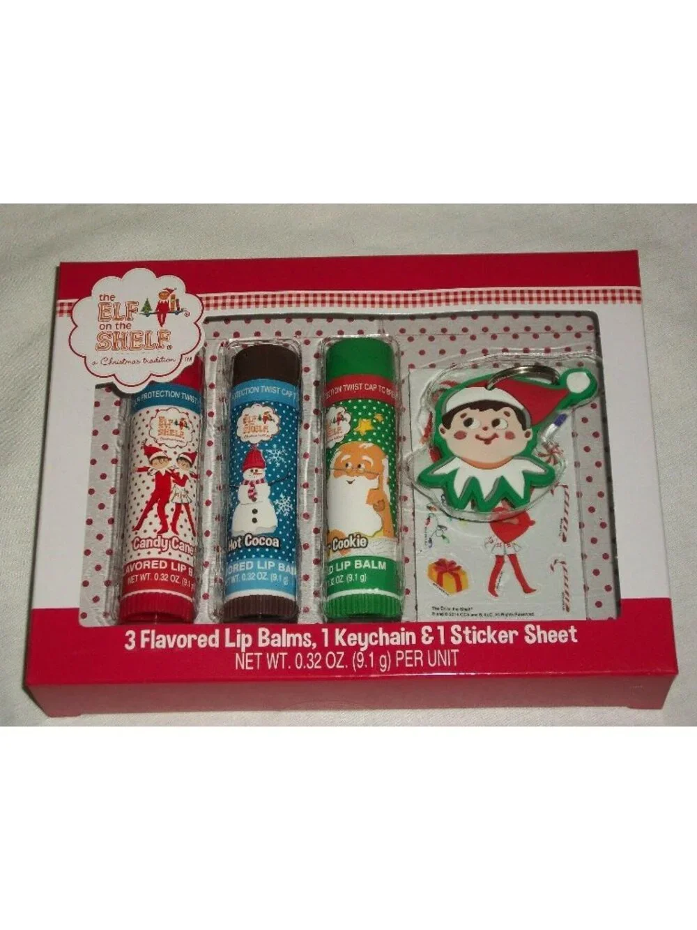 Elf on a Shelf Set 3 Flavored Lip Balm Moisturizer Chap Stick Keychain Stickers